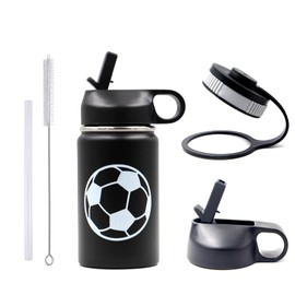 FMYWZS Baseball Softball Water Bottle, Wide Mouth Travel Sports Flask with 2 Lids（Straw Lid+Flex Cap）BPA Free 18/8 Stainless Steel Double Wall Vacuum Insulated Water Bottles (12oz, Soccer)