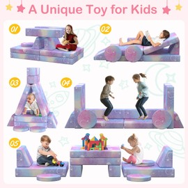 BIERUM Kids Couch with Blanket, 12PCS Modular Kids Play Sofa with Blanket for Creativing Playroom & Indoor, Convertible Toddler Couch for Girls and Boys