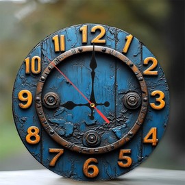 Vintage Blue Metal Wall Clock Rustic Farmhouse Decor 10-Inch Wooden Wall Clock, Silent Movement, Battery Operated (AA Batteries Not Included), Artistic Home Decor, Perfect for Home Accents