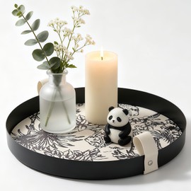 HARLIANGXY Decorative Round Tray Ø 28CM, Valet Tray with Leather-padded, Cosmetic Tray with Handle for the Bedroom, Living Room, Bathroom