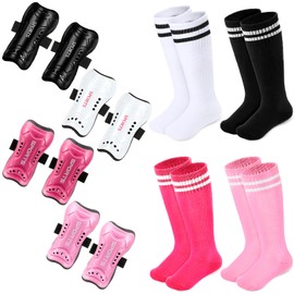 HyDren 4 Pairs Soccer Shin Guards for Youth Kids Toddler with 4 Pairs Striped Soccer Socks Calf Protective Gear Shin Pads Equipment for 3-6 Years Old Boys Girl (Black White Rose Red Pink)