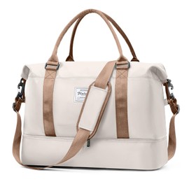 Travel Duffel Bag, Sports Gym Tote Bag for Women, Carry on Luggage Bag for Airplanes, Lightweight Weekender Overnight Shoulder Bag Waterproof Beach Hospital Bag with Shoes Compartment，M41-Beige Brown