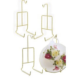 Twisted Gold Tea Cup and Saucer Holder - Set of 4 Brass Stands Display for Collectible Teacups and Saucers - Fine China - 6.5"H