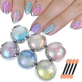 Juego de 6 botes de polvo de uñas de sirena cromado, polvo de uñas Aurora, polvo de arte de uñas nacarado iridescente, kit de pigmento de efecto espejo metálico, polvo de purpurina para