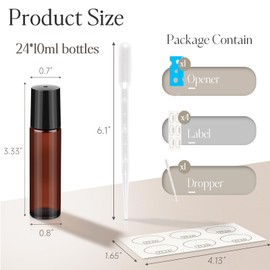 ZEJIA 10ml Roller Bottles for Essential Oils, 24 Pack Glass Roll on Bottles, Refillable Perfume Bottle, with Stainless Steel Roller Balls, 2 Droppers, 1 Opener, Labels(Amber)