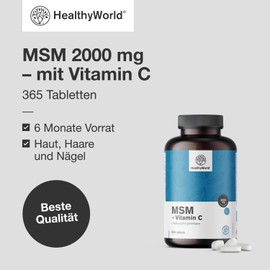 HealthyWorld® MSM 2000 mg - With Vitamin C - 365 Tablets - 6 Months Supply - High Concentration - 2000 mg per Daily Dose - Vegetarian - No Additives - Beauty Mineral