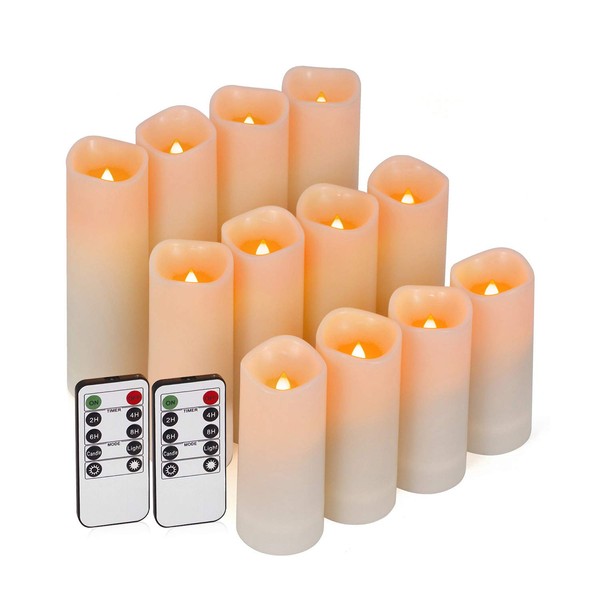 Enido Flameless Candles Led Candles Battery Operated Candles Exquisite Pack of 12 (D2.2'' x H4''5''6'') Waterproof Outdoor Indoor Candles with 10-Key Remotes and Cycling 24 Hours Timer Wedding Decor