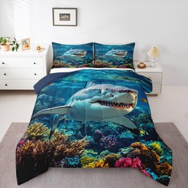 jejeloiu Ocean Sea Animal Duvet Quilt Full Size Shark Comforter for Kids Boys Girls Decor Marine Theme Bedding Set Breathable Soft Lightweight Microfiber Bedroom Decor Quilt Set