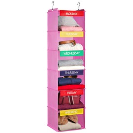 Weekly Clothes Organizer for Kids - 6-Shelf - Hanging Closet Daily Clothing Organization Labeled Shelves with Days of the Week Monday Through Friday, Weekday and Weekend (Pink)