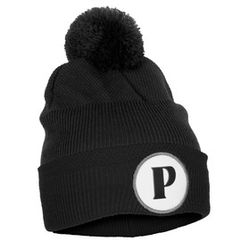Daxton A to Z Initial Letter Cuffed Pompom Hat Beanie Warm Knit Skull Cap (Black, Letter P)