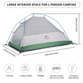Naturehike Cloud-Up 1 Person Tent - Lightweight, Waterproof, Ultralight Single Person Tent for Camping, Hiking, Backpacking