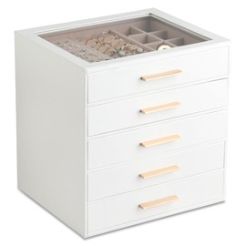 Frebeauty Clear Lid Jewelry Box,5-Layer Jewelry Organizer with Drawer,PU Leather Jewelry Organizers and Storage,Jewelry Boxes for Women,Jewelry Storage for Rings Earring Stud,Gift for Women(White)