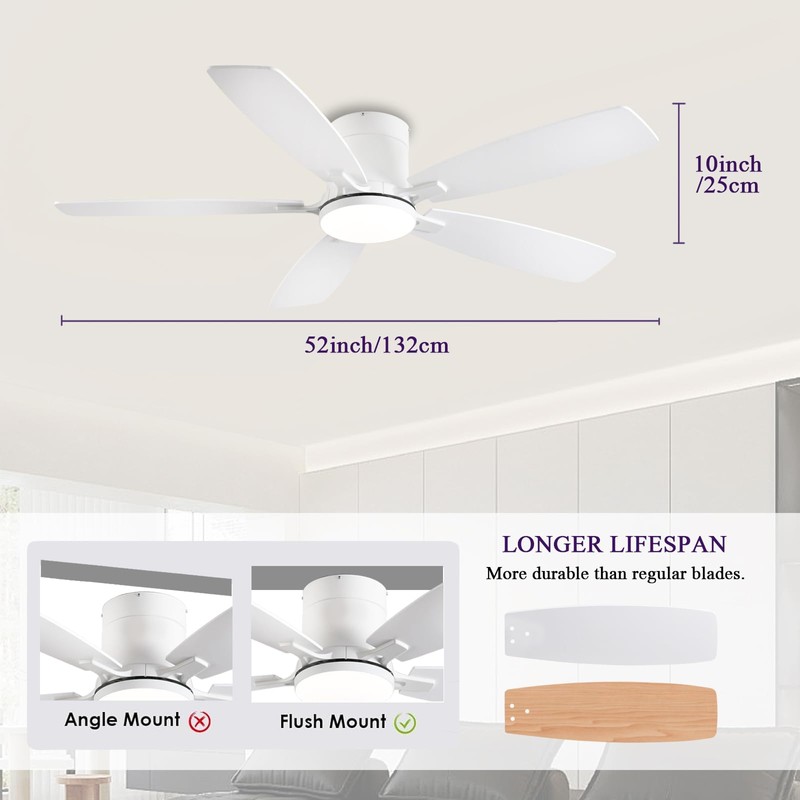 FUMLTP 52inch Flush Mount Ceiling Fans with Lights and Remote/APP
