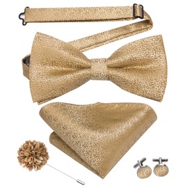 Hi-Tie Pretied Bowtie Lapel Pin Set for Men Pocket Square Cufflinks 4PCS Bow Tie Set Mens Wedding Business Party, Gold