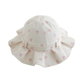 QKURT Infant Baby Sun Hats, Newborn Cotton Bucket Hats with Cute Bow Print, Toddler Basin Hat with Adjustable Chin Strap, Summer Outdoor Infant Beach Cap for Kids Girls Boys 1-3 Years