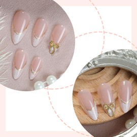 24PCS False Nails Almond - White Pearl French Tip False Nails with Golden Line Bow Design - Press on Nails Short in 12 Sizes - Full Cover Ballerina Acrylic Nails with Nail File & Nail Sticky Tabs