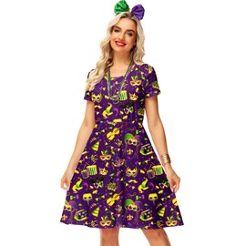 Womens Mardi Gras Midi Dress Masquerade Mask Carnival Swing Dress Purple Gold Print Tunic Dresses 2XL