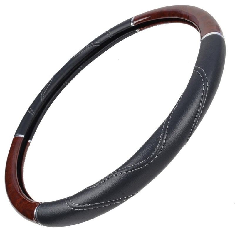 BDK Black/Dark Wood Grain Soft Leather Grip Big Rig Steering