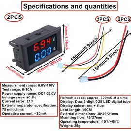 HUAZIZ Digital Voltmeter, Pack of 2 DC 100 V 10 A, Voltmeter Ammeter with Shunt, Multimeter, 2 in 1 Panel Amp Voltage Current Meter Tester