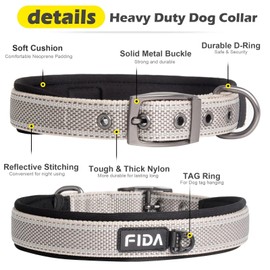 Fida Padded Dog Collar, Reflective Strong Dog Collar with Double Layer Webbing, Adjustable Durable Dog Collar with Metal Buckle for Medium Dogs, Grey