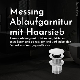 Bürstenking Sink Drain Fitting - Drain Valve with Hair Strainer - for Sink & Washbasin - 1 1/4 Inch Connection Thread - Push-Open Function - Without Overflow - 6 cm - Diameter 66 mm - Chrome White