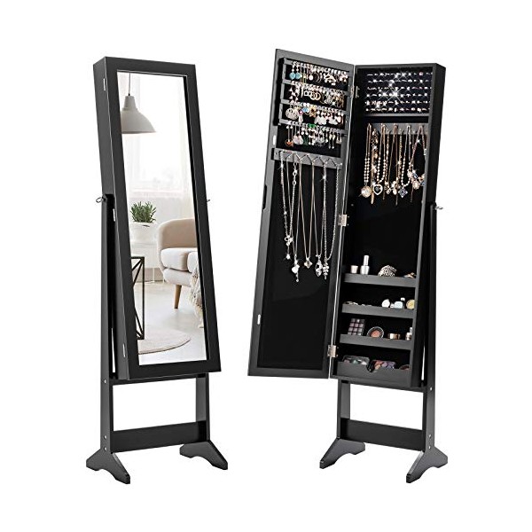 Giantex Jewelry Cabinet with Full-Length Mirror, Standing Jewelry Armoire Organizer with 64 Earring Slots, 20 Necklace Hooks, 72 Ring Slots, 4 Shelves for Makeup, 3 Angel Adjustable (Black)