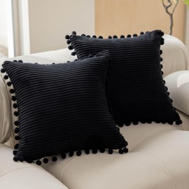Home Brilliant Soft Corduroy Fluffy Cushions with Pom Poms, Large Cushion Covers 60cm x 60cm Set of 2 for Bed Sofa Couch, Black, 60cmx60cm
