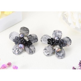 AeraVida Cute Tropical Flower in Gray Tones, Crystal, and Pearl Clip-On Earrings