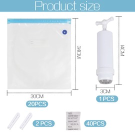 Yuragim Filament Vacuum Bag Kit, Pack of 20 Vacuum Bags Transparent 34 x 30 cm, 40 Desiccants, 2 Sealing Clips and 1 Hand Pump, Vacuum Bags for Clothes, Filament Storage, Vacuum Space Saver
