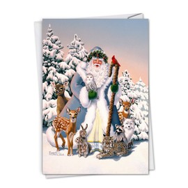 The Best Card Company Winter Wonderland Wildlife - Merry Christmas Greeting Card with Envelope (4.63 x 6.75 Inch) - Showing Santa and Animals Enjoying the White World C2913GXSG