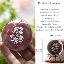 HDCRYSTALGIFTS 3D Engraving Crystal Decorative Ball Lilies Flowers Figurine Collection Glass Full Sphere Decor Keepsakes for Christmas Anniversary