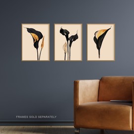Artery8 Set of 3 Abstract Black Gold Calla Lily Flowers Living Room 12X16 Inch Wall Art Prints Pack