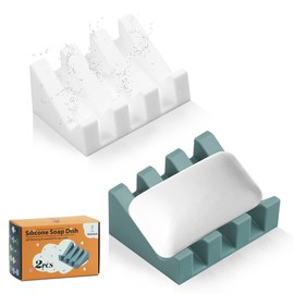 Silicone Soap Dish for Bar Soap Holder for Shower Bathroom Self Draining Waterfall Drying Tray Keep Soap Bars Dry Clean & Easy Cleaning (White/Green, 2)