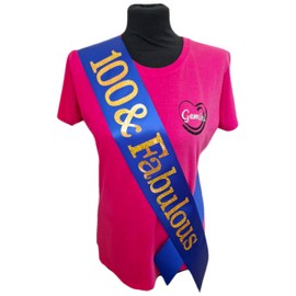 100th Birthday Sash - 100 & Fabulous Birthday Sash - Beautiful Quality Blue Ribbon and Holographic Gold Font - 100th Birthday Sash