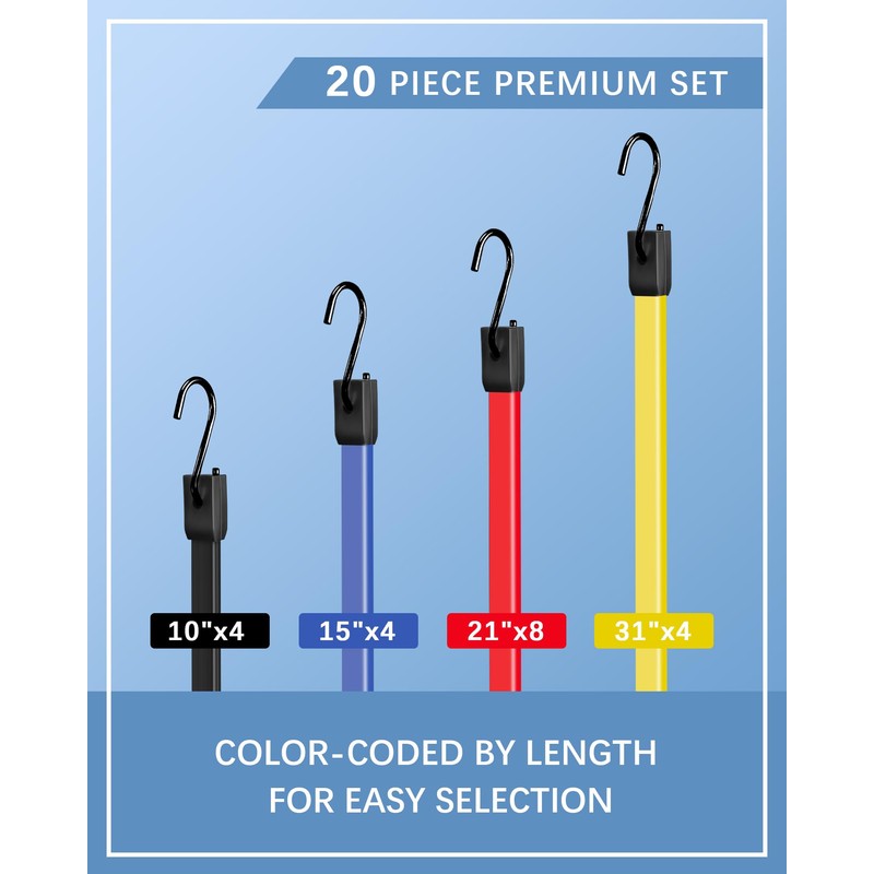 20 Pack Rubber Bungee Cords with Upgraded Hooks, 10 15