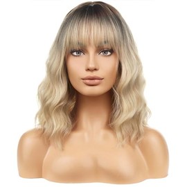 BERON Peluca de pelo corto ondulado para mujer, de 35,5 cm, para Halloween, cosplay, día a día, fiesta, color negro a rubio