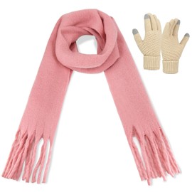 SHOHOKU Large Chunky Scarf Solid Color Cashmere Feel Soft Scarves Oversized Winter Thick Warm Shawl with Gloves Women Men (Peach)