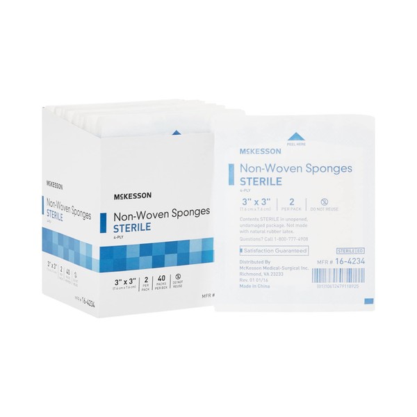 McKesson Non-Woven Gauze Sponges - Sterile, Strong, Absorbent Wound Care Supplies, 3 in x 3 in, 2 Per Pack, 1200 Packs, 2400 Total
