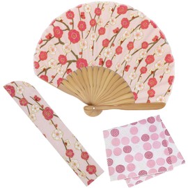Osaka Choseido Folding Fan, Women's, Stylish, Business, Folding Fan Bag, Handkerchief Included, Crepe Small Pattern, Weeping Plum Pink