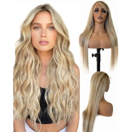 13x6 HD Lace Frontal Wig 28 Inch Human Hair Balayage Highlight 180% Density 28 Inch Free Part Ombre Brown to Ash Brown Human Hair with 60 Platinum Blonde Highlights Wig Pre Plucked for Women