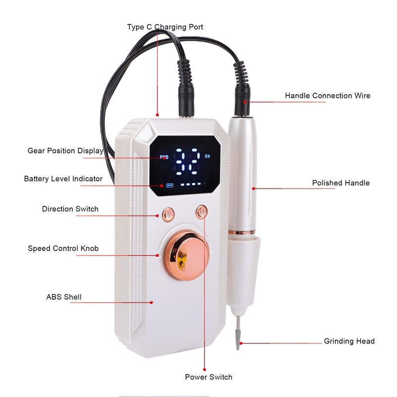 Professional Electric Nail Drill, 32 Speeds Cordless Nail File Machine,