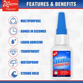 ALECPEA 30g Ceramic Super Glue for Porcelain and Pottery Repair - Rapid-Setting, Waterproof Adhesive for Porcelain, Pottery, Dishes, Tiles, DIY Crafts, and More