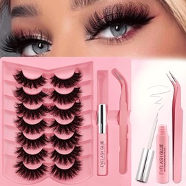 7 Pairs of 3D False Eyelashes Flu-ffy with Glue and Tweezer Kit, Fluffy Volume Curly Artificial Eyelashes, Natural Look, Reusable Faux Mink Makeup Eyelashes Set (XE05-Kit)