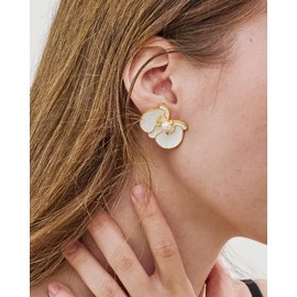 FAUTHENTICUTE White Flower Stud Earrings For Women Cute Enameled Orchid Statement Earring With A Pearl In The Center Elegant Floral Flat Back Earrings