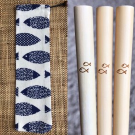 Handmade 6 Fish Engraved Organic Bamboo Straws, Straw Brush & Straw Bag