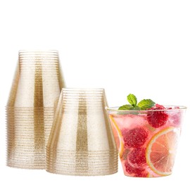 MATANA 30 premium plastic cups, party cups, drinking cups with gold glitter (255 ml/9 oz), hard plastic cups, plastic cups, reusable cups, cocktail glasses, plastic glasses for weddings and parties