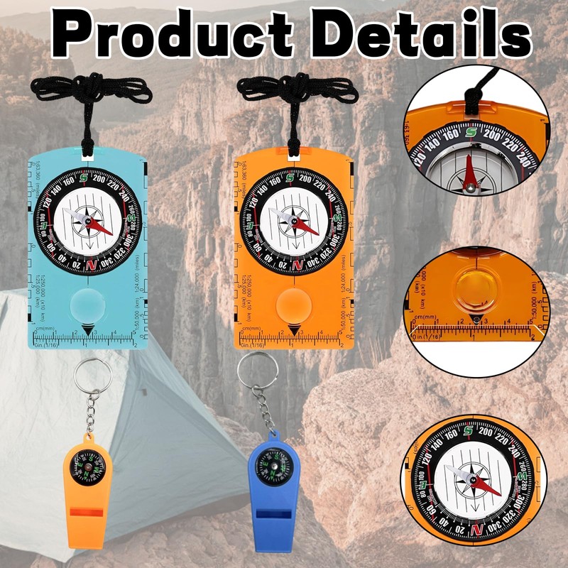 4 Pcs Multifunctional Compass and Hiking Whistle Set, Compass Navigation,