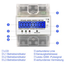 LCD Digital Electricity Meter, Electricity Meter, 3-Phase 4-Wire, Calibrated Three-Phase Meter 230/400 V, Three-Phase Meter, DIN Rail