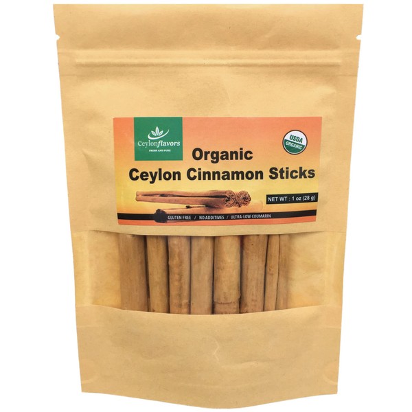 Organic Ceylon cinnamon sticks, True or Real Cinnamon, Premium Grade, Harvested from a USDA Certified Organic Farm in Sri Lanka 1 oz / 28 g (3" cut 6 to 7 sticks) | This is not cassia and ceylon cinnamon is not stronger in flavor like cassia