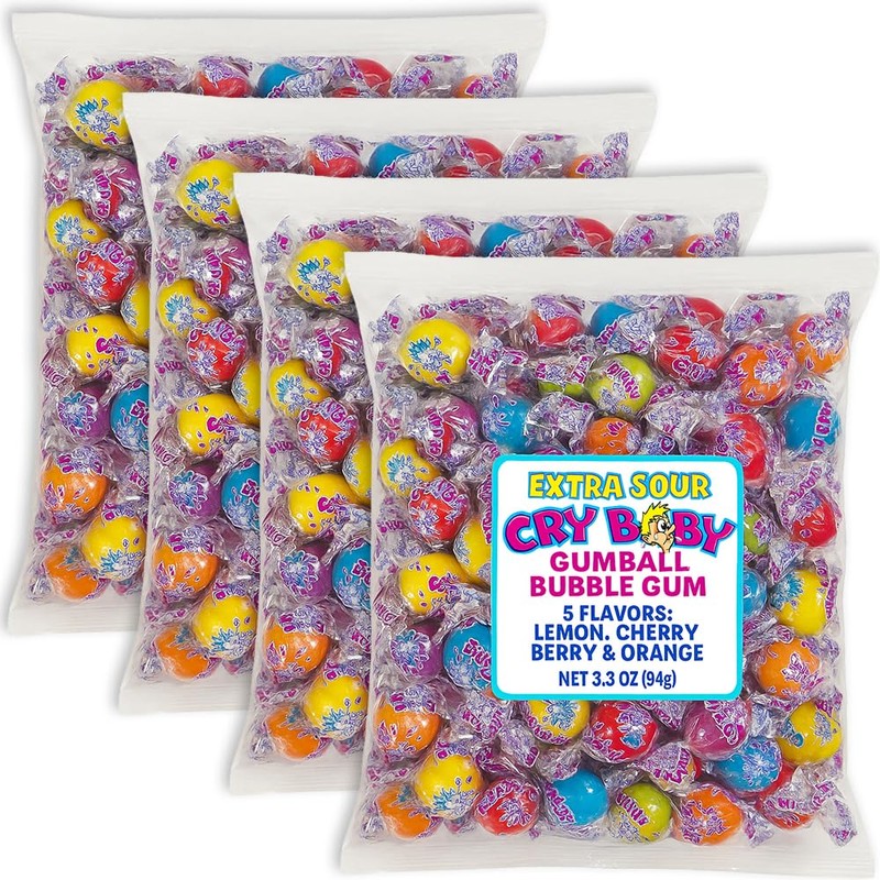 Extra Sour Fruit Gumballs, 4 Bags (3.3 oz Each) -